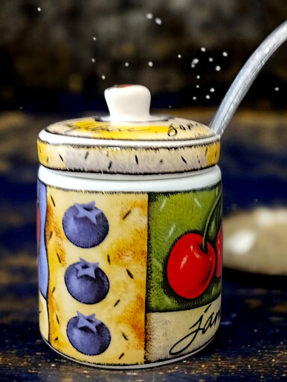 Vintage MSC Joie De Vivre Ceramic Jam Jelly Jar Lid Spoon Fruit Confiture Pot